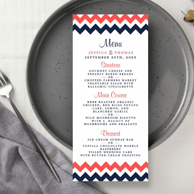 Menu Collection Mariage moderne Chevron Marine & Coral (Créateur téléchargé)
