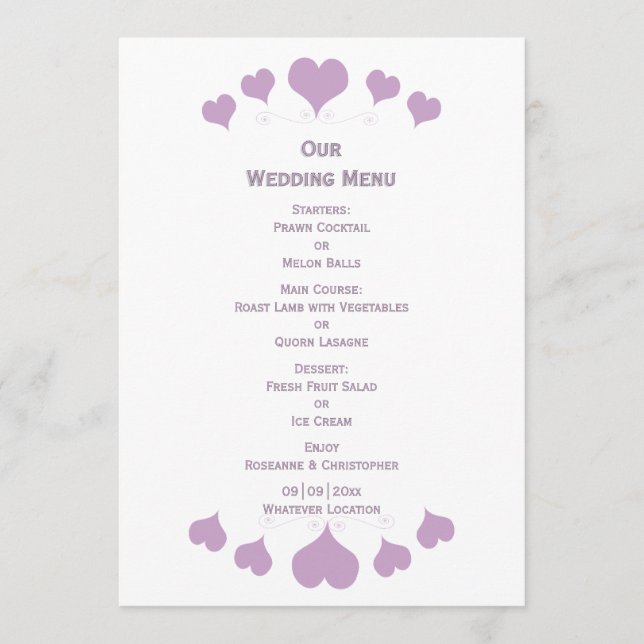 Menu Conception de cœurs de lilas pour mariage (Devant)