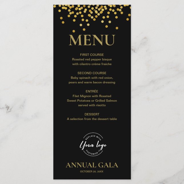 Menu Confetti Gold sur Black Annual Gala Company Élégan (Devant)