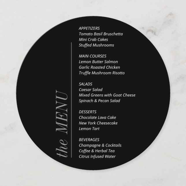 Menu Contemporain minimaliste noir et blanc Mariage (Devant)