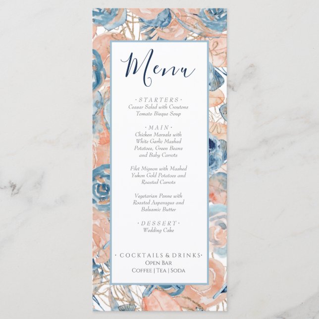 Menu Coquillage de plage Mariage nautique et Roses (Devant)