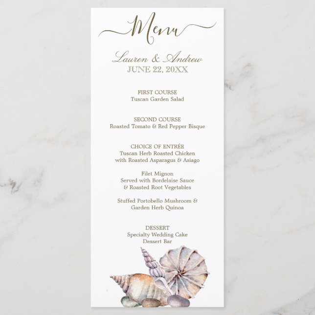Menu Coquillages De Plage | Mariage nautique aquarelle (Devant)