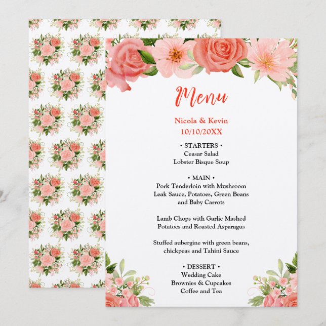 Menu Coral Red Roses with Foliage (Devant / Derrière)