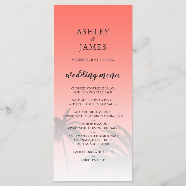 Menu Coral Tropical Palm Tree Beach Mariage (Devant)