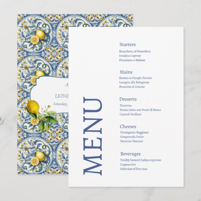Menu Côte d'Amalfi Carreaux de citron Italie Mariage (Devant / Derrière)