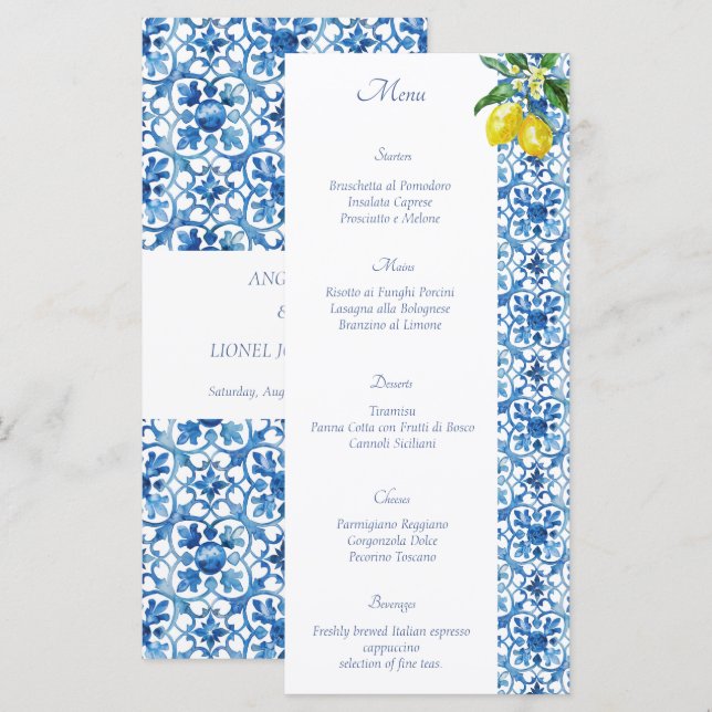 Menu Côte d'Amalfi Carreaux de citron Italie Mariage (Devant / Derrière)