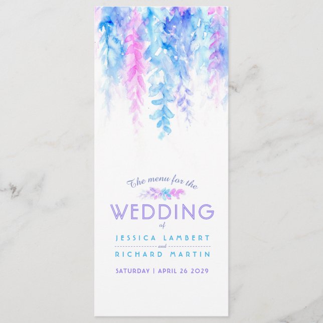 Menu Couleur d'eau bleu cascade à l'art floral (Devant)