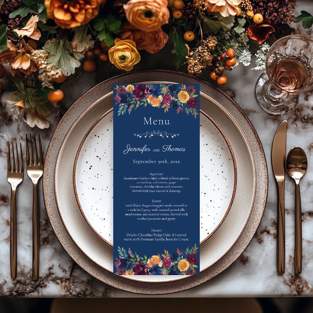 Menu Couleur vive Aquarelle Marine bleu Mariage Floral (Créateur téléchargé)