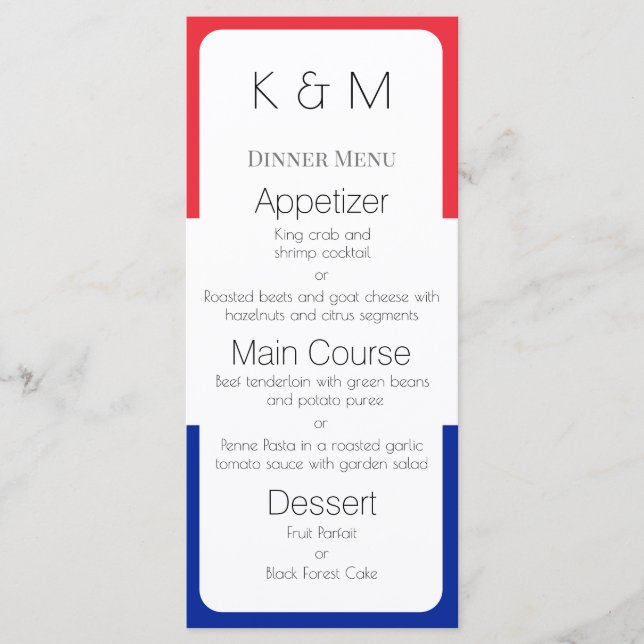 Menu Couleurs du drapeau de France Dîner français (Devant)