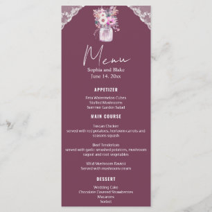Menu Country Lace Mason Jar Burgundy Mariage