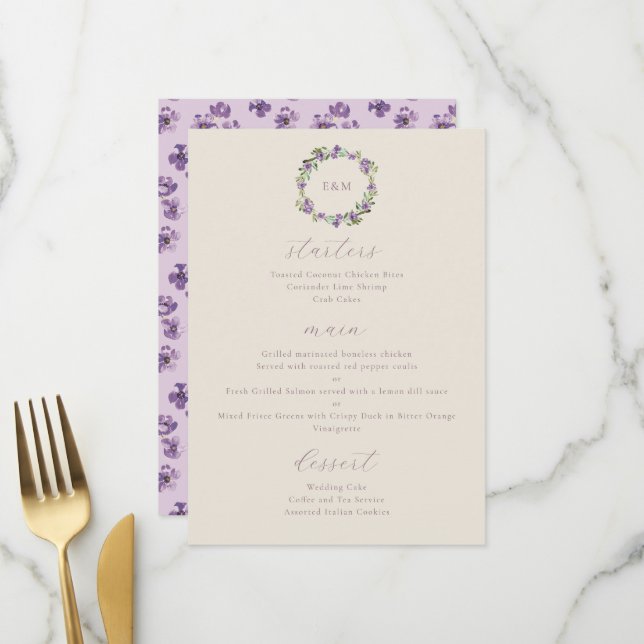 Menu Couronne florale aquarelle violette Lilas (Devant/Arrière en situation)