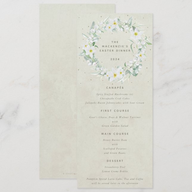 Menu Crème Blanc Floral Verre de Pâques Plat 4 Parcours (Devant / Derrière)