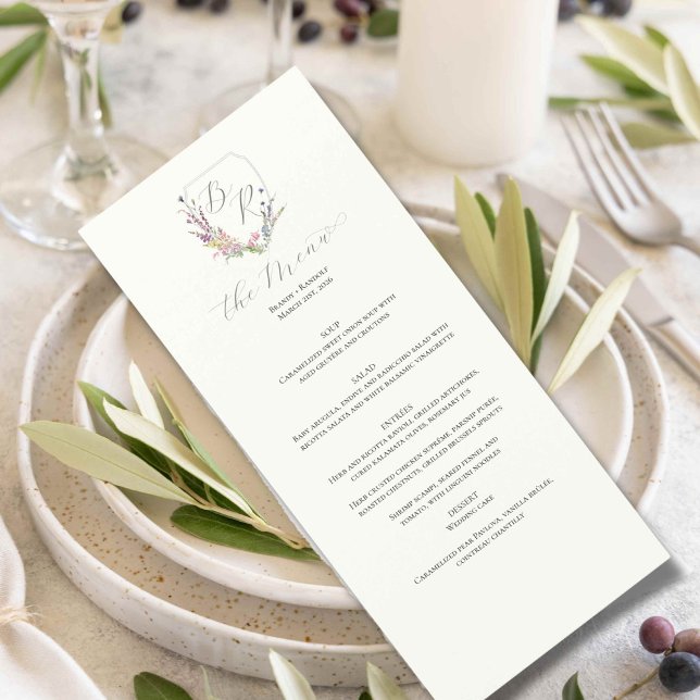 Menu Crest Fleur sauvage aquarelle (Wildflower menu  for a wedding place setting)