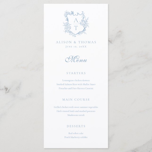 Menu Crest Monogram Dusty Mariage bleu (Devant)