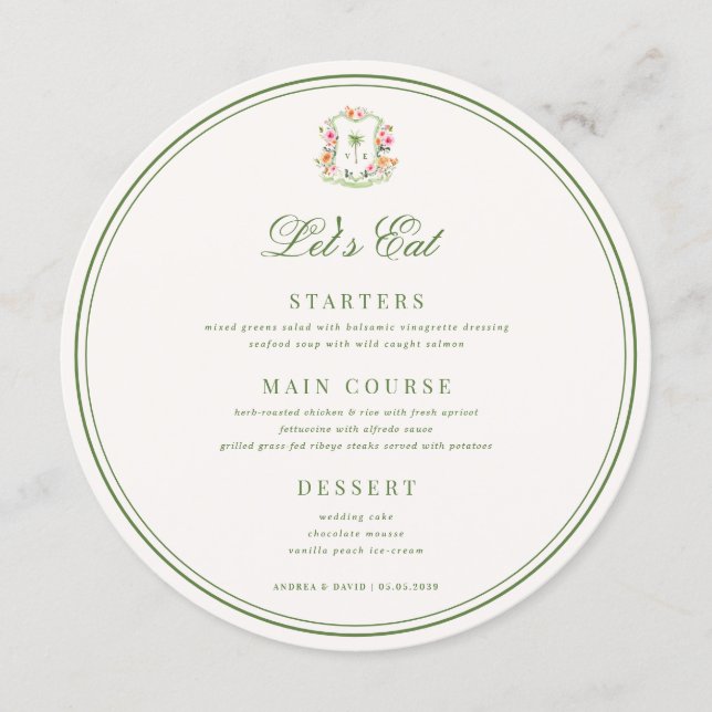 Menu Crest Palm Tree Monogram Lets Eat Round Wedding (Devant)