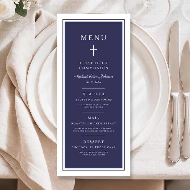 Menu Croix Bleu Marine Moderne Garçon Première Communio (Modern Navy Blue Cross Boy First Communion Menu)