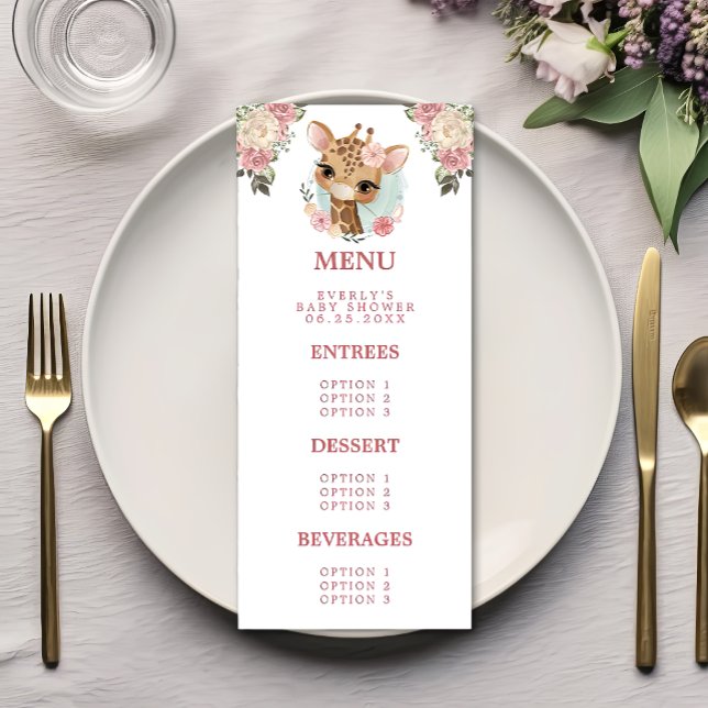 Menu Cute Floral Giraffe Aquarelle fille Baby shower (Créateur téléchargé)