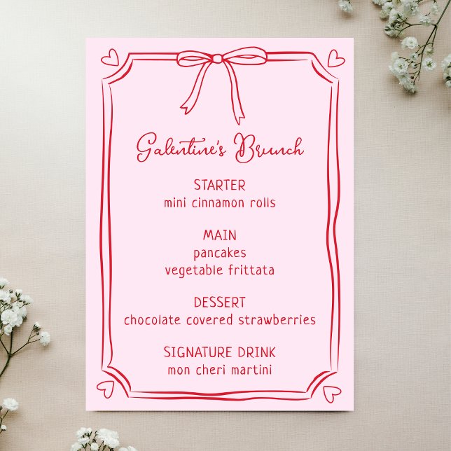 Menu Cute Galentine's Day Brunch Pink & Red Bow Me (Créateur téléchargé)