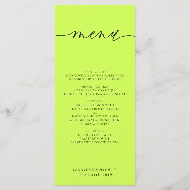 Menu Cyber Lime Jet Black Simple Script Mariage Dîner (Devant)