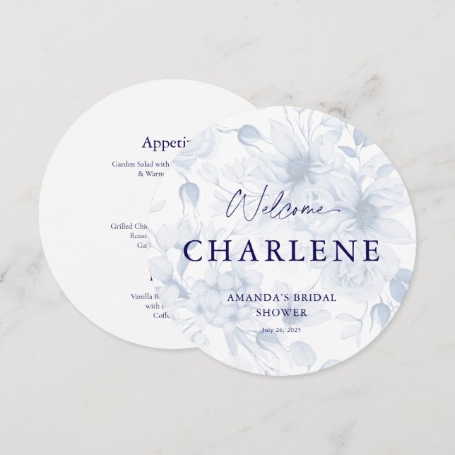 Menu d'accueil de la Fête des mariées ronde bleu-o (Devant / Derrière)