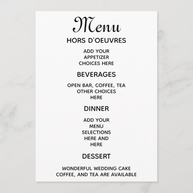 Menu d'accueil de mariage simple (Devant)