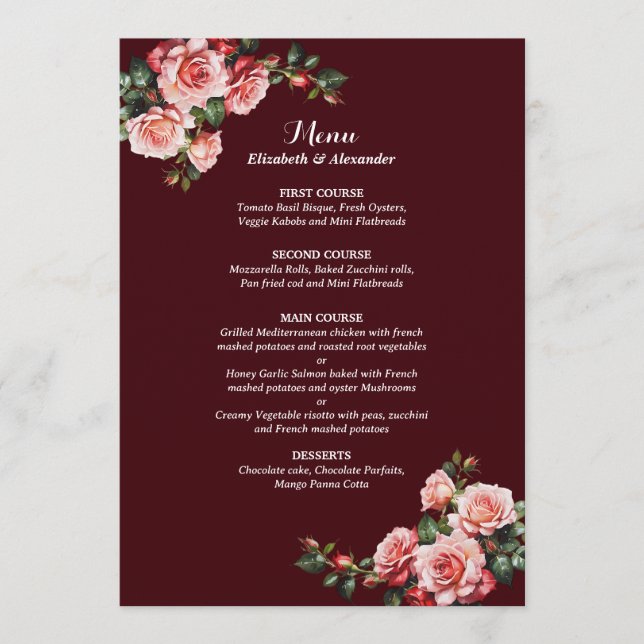 Menu Dark moody pink and red roses maroon wedding (Devant)