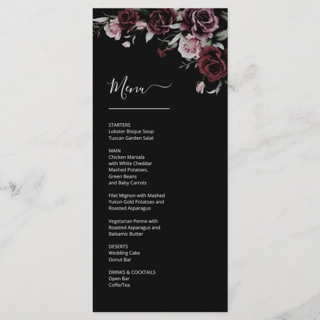 Menu Dark Moody Roses Wedding (Devant)