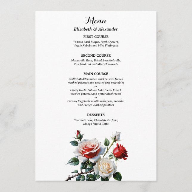 Menu Dark Pretty pink white red roses floral wedding  (Devant)