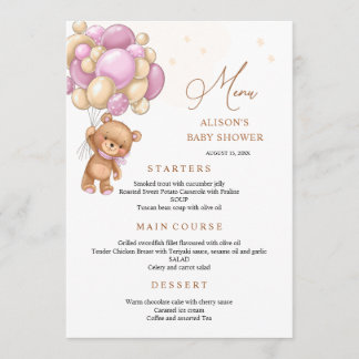 Menu de Baby Shower avec des Ballons Roses Ours