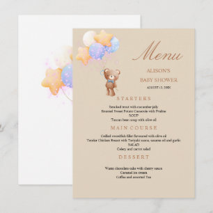 Menu de Baby Shower Ballons Ours en Peluche