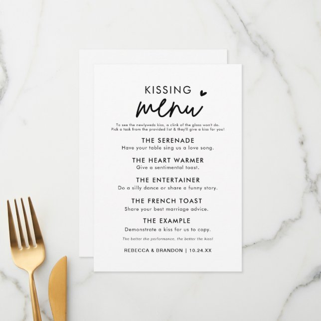 Menu de baiser minimaliste Mariage moderne (Devant/Arrière en situation)