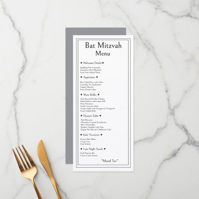 Menu de Bat Mitzvah, Recette Simple Moderne Tradit (Devant/Arrière en situation)
