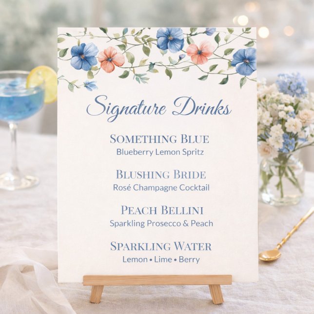 Menu de boissons floral bleu poussiéreux pour la d (Créateur téléchargé)