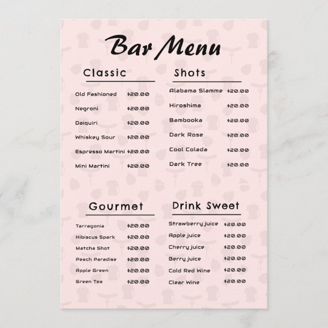 Menu de boissons simple rose (Devant)
