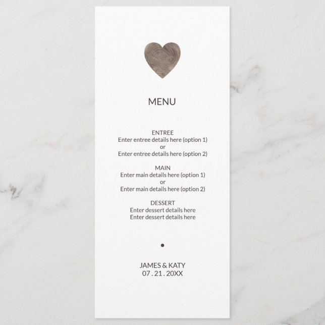 Menu de coeur de bois rustique mariage (Devant)