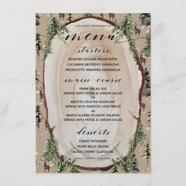 Menu de dîner de la forêt hivernale en papier kraf (Devant)