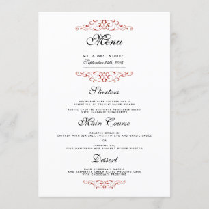 Menu de dîner de mariage à flourish rouge élégant