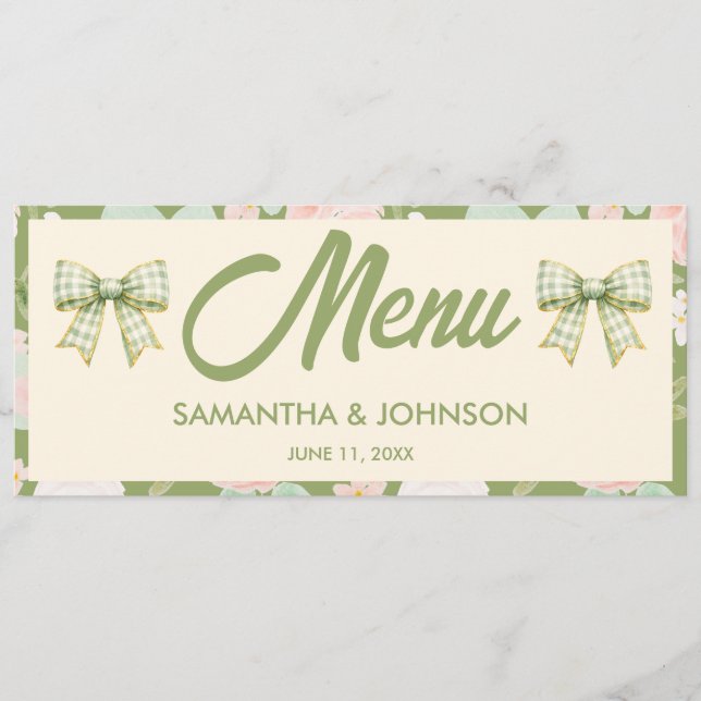Menu de dîner de mariage à nœud gingham vert Wildf (Devant)