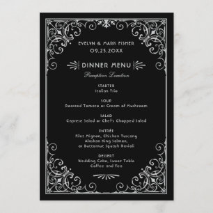 Menu de dîner de mariage Art Déco noir et argent v