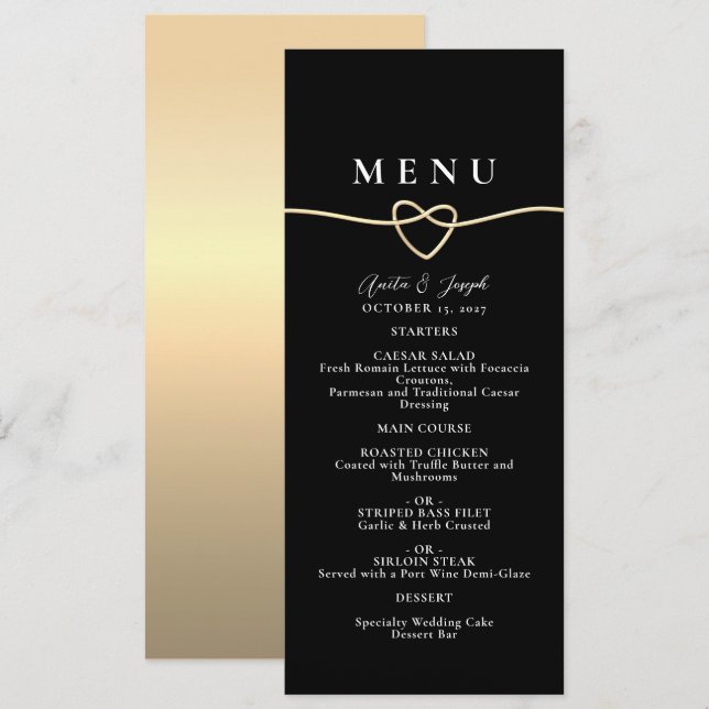 Menu de dîner de mariage élégant or noir (Devant / Derrière)