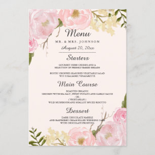 Menu de dîner de mariage floral botanique Blush ro
