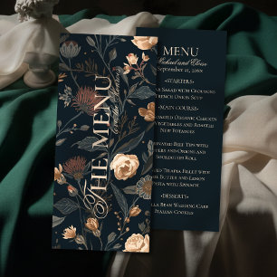 Menu de dîner de mariage floral noir contemporain