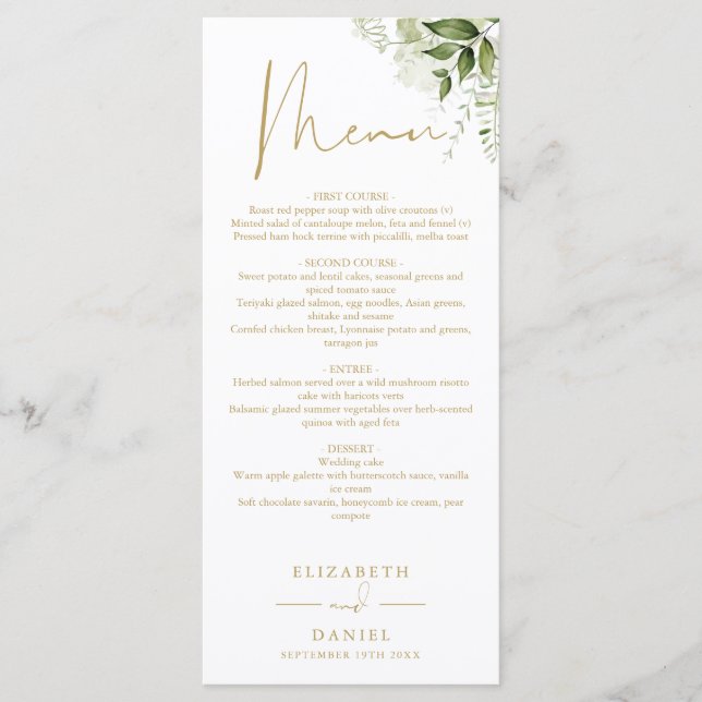 Menu de dîner de mariage floral vert doré monogram (Devant)