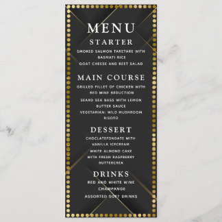 Menu de dîner de mariage or et noir délicat