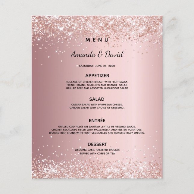 Menu de dîner de mariage rose poudré poussière de  (Devant)