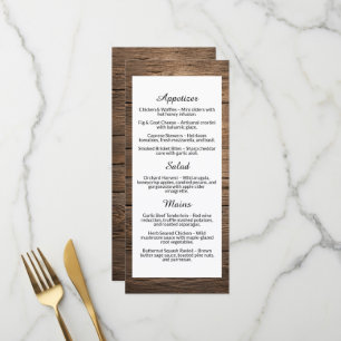 Menu de dîner de mariage rustique à grain de bois