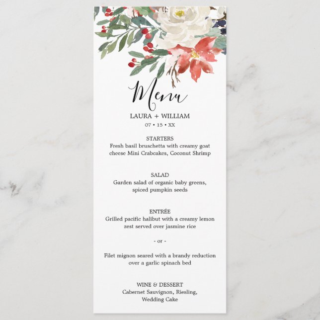 Menu de dîner de Noël aux baies de houx et florale (Devant)