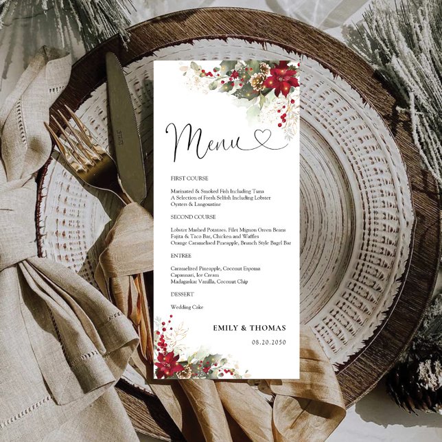 Menu de Fête des mariées de Noël Rouge Poinsettia (Créateur téléchargé)