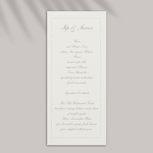 Menu de la barre de Mariage de cadre de perles en  (formal wedding bar menu traditional faux embossed beaded frame ecru eggshell elegant black tie)