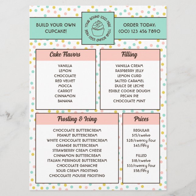 Menu de la boulangerie de cupcakes à pois mignons (Devant)